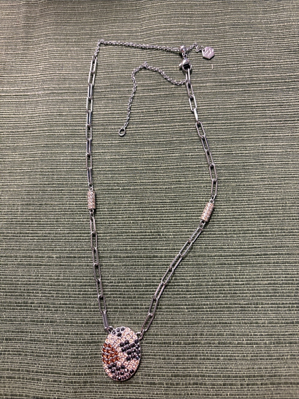 TC Silver-Tone Link Necklace with Pink and Black Crystal Oval Pendant